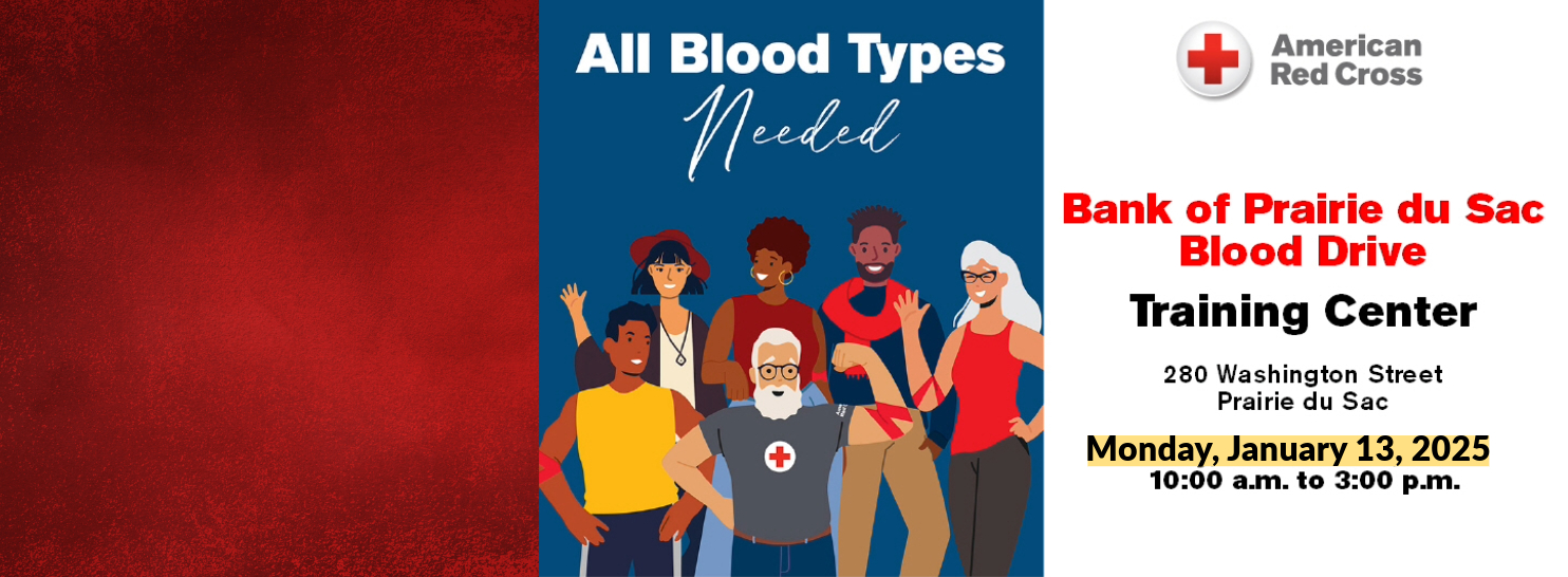 Image of diverse group of people and phrase "All Blood Types Needed" - Bank Blood Drive on January 13, 2025