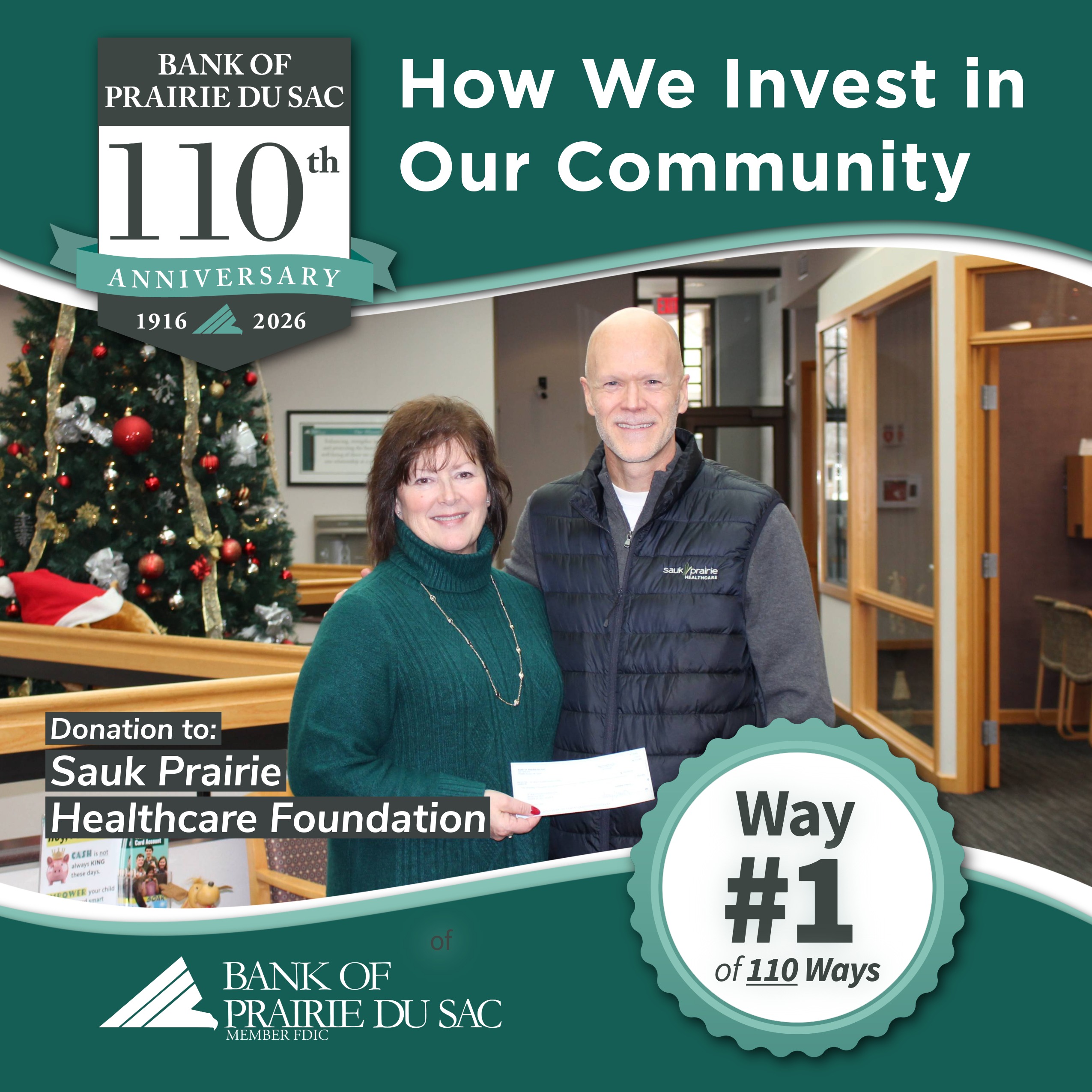 Roxi Maier presenting donation to Sauk Prairie Healthcare Foundation