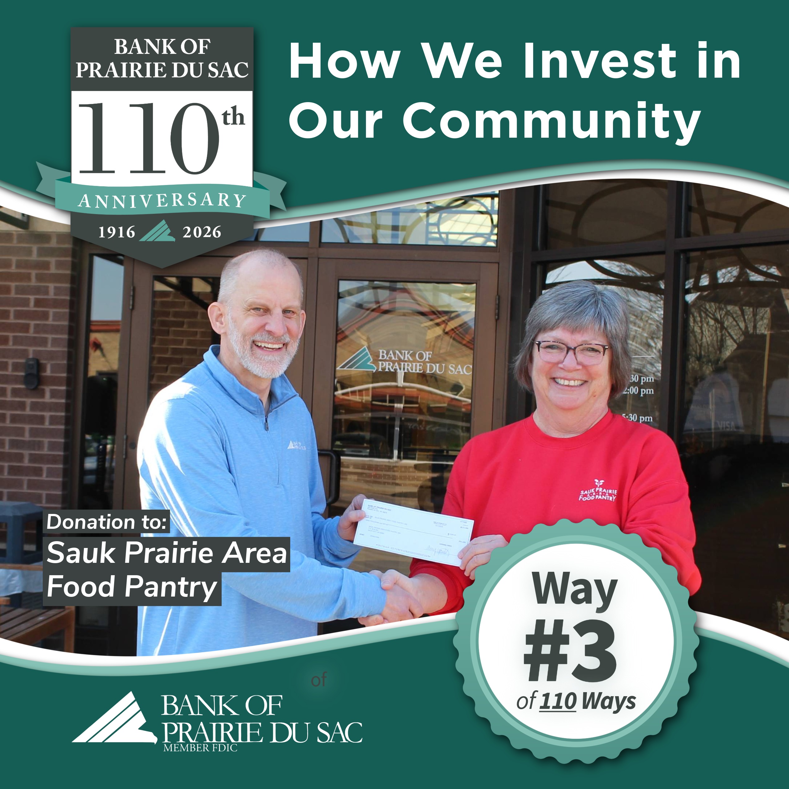 Brad Prohaska presents donation to Sauk Prairie Area Food Pantry.