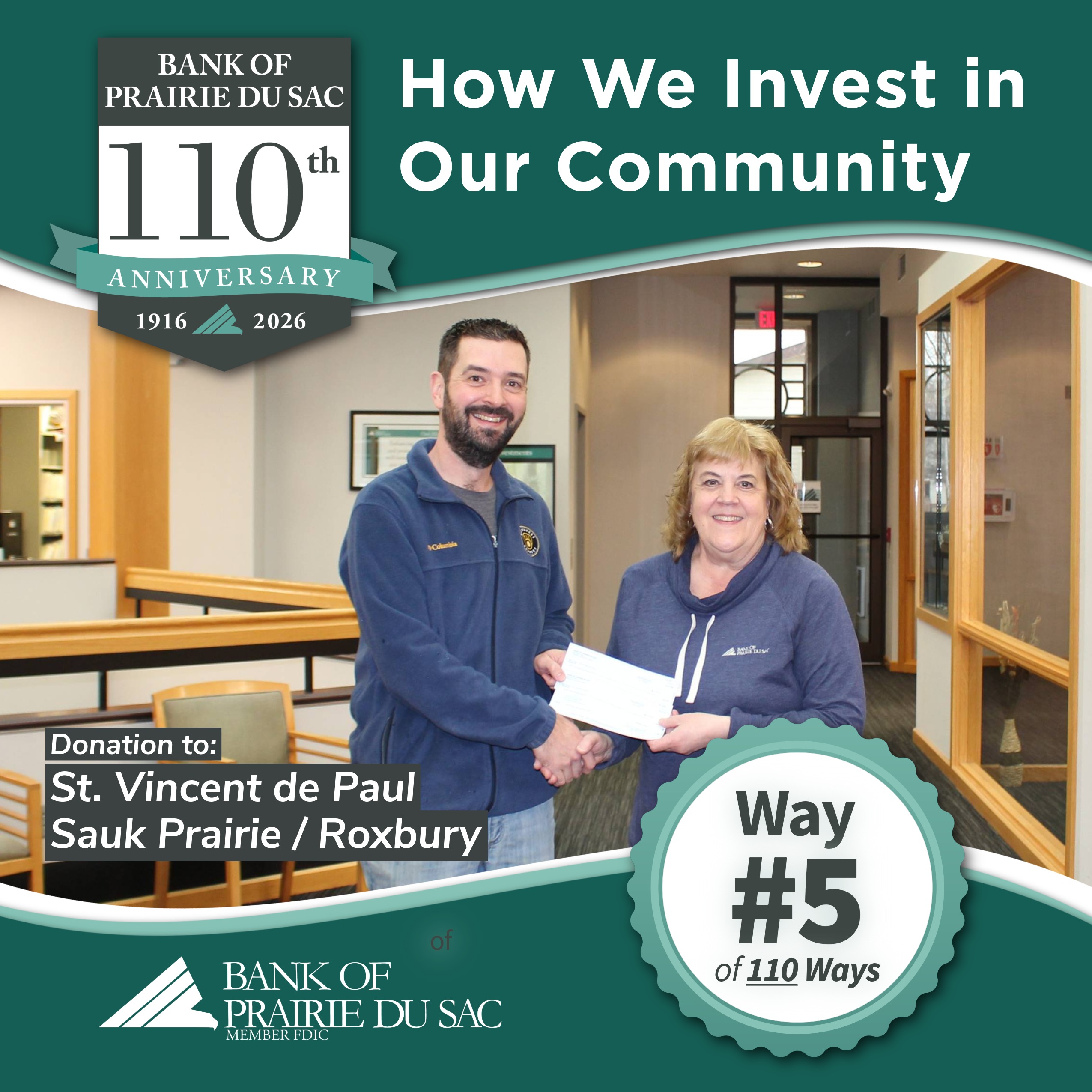 Phyllis Dresser presents donation to St. Vincent de Paul Sauk Prairie/Roxbury.