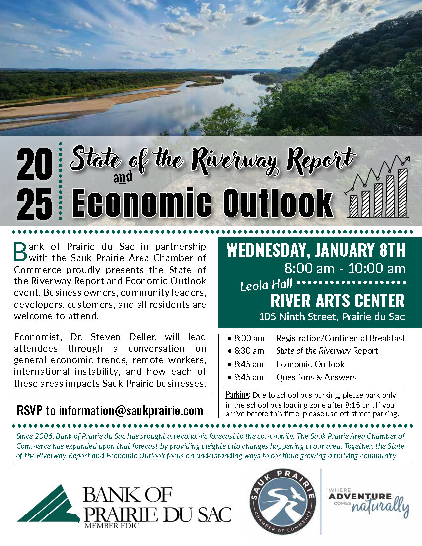 Image of Wisconsin River with text related to the 2025 State of the Riverway Report and Economic Outlook event being held January 8, 2025