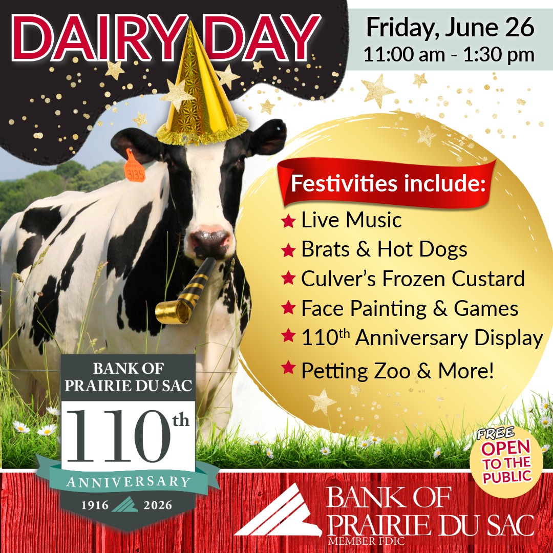 Graphic promoting the bank's Dairy Day; image of holstein cow with gold party hat.