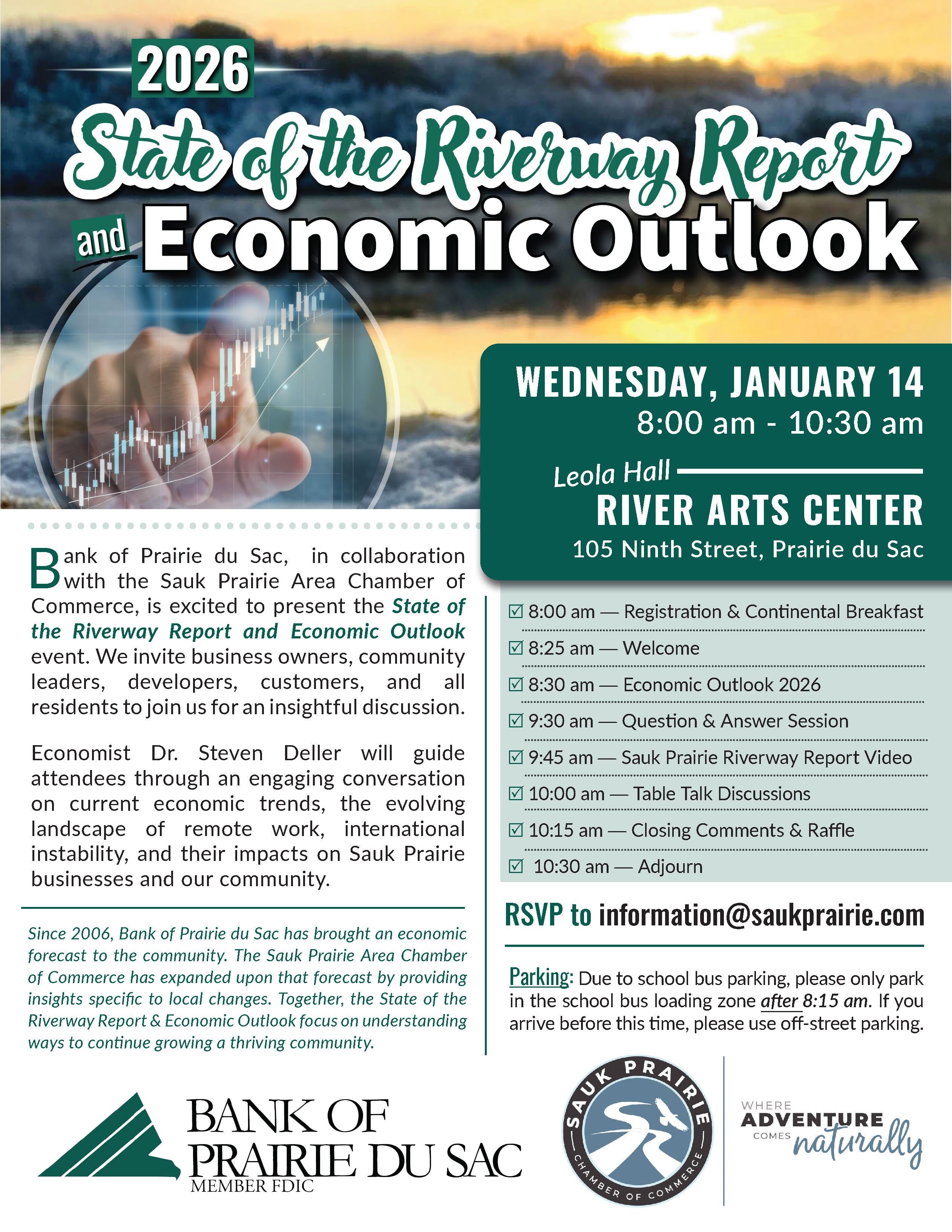 Informational flyer for the 2026 State of the Riverway Report & Economic Outlook
