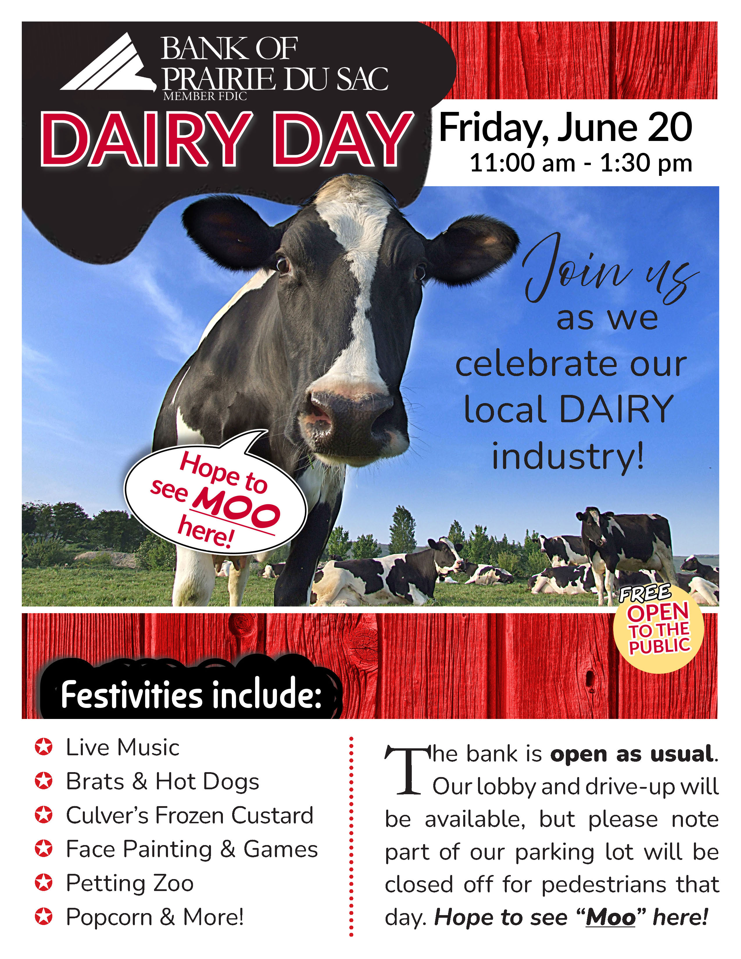 Bank of Prairie du Sac June Dairy Day poster with image of Holstein cow looking at audience and event details listed.