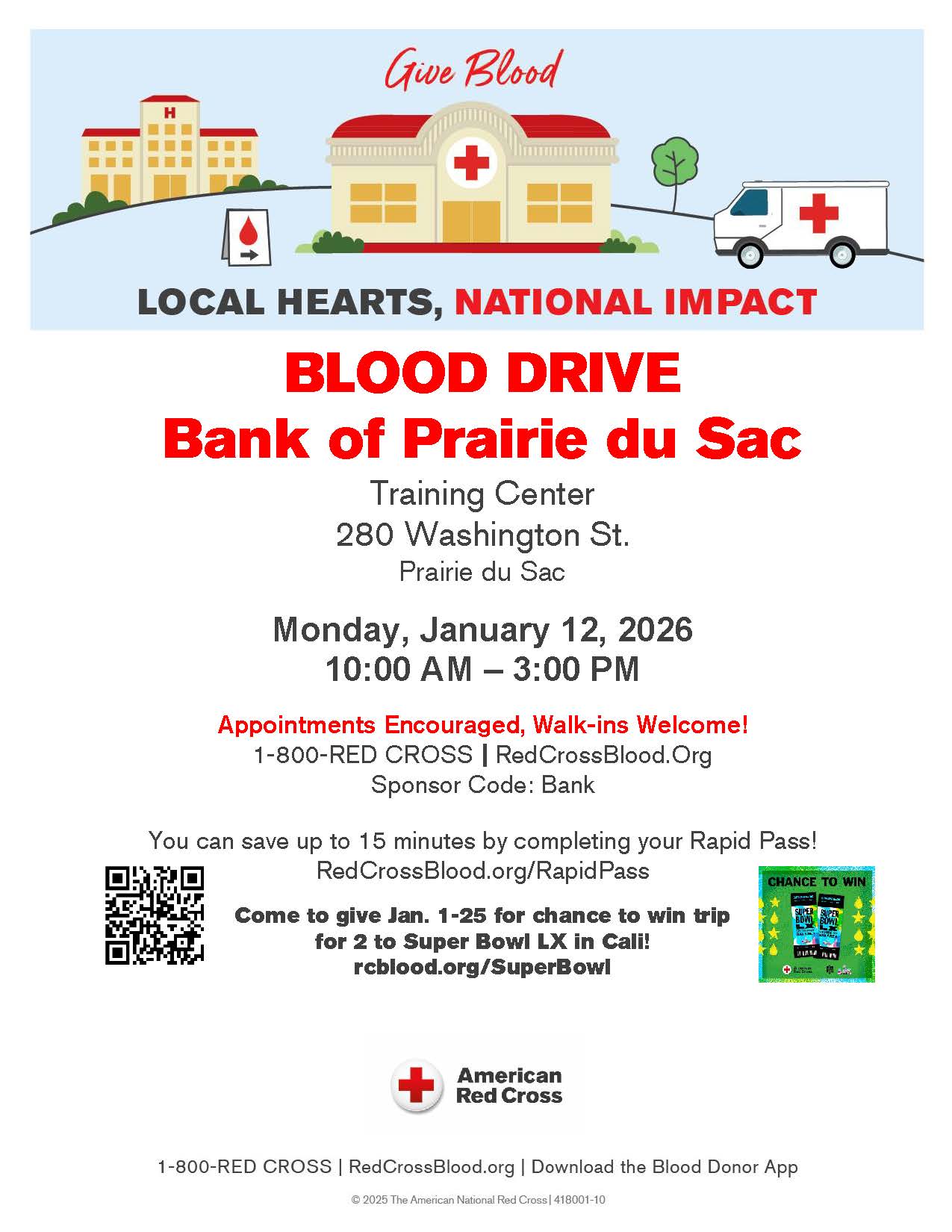 Poster for Blood Drive at Bank of Prairie du Sac - Monday, January 12, 2026.