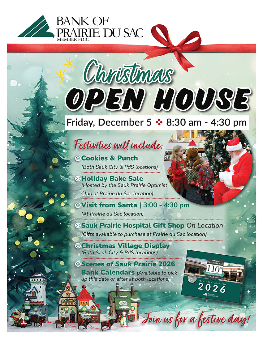 Green background with evergreen trees, photo of Santa talking with two young children, Christmas Village display along bottom. Words stating, Christmas Open House, December 5, 2025.
