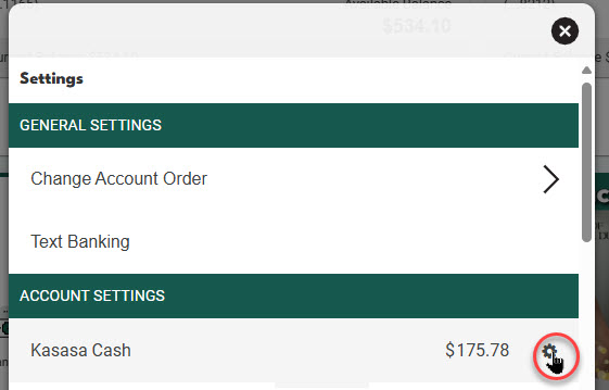 image of Settings menu with red circle and pointer finger icon on Kasasa Cash account  