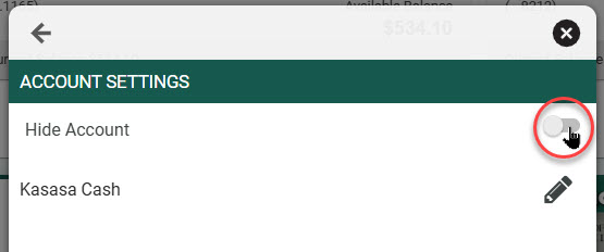 settings menu for selected account red circle around Hide Account 