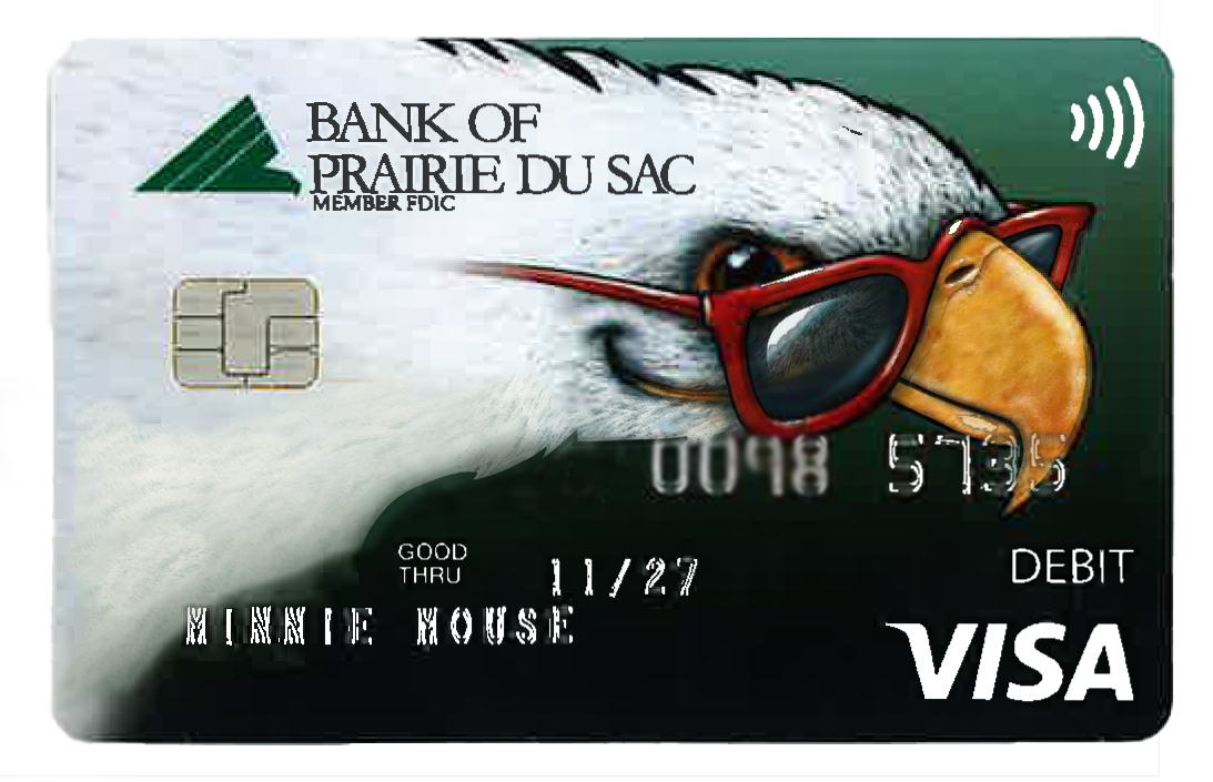 Debit card with illustration of eagle wearing red sunglasses