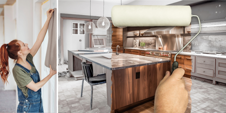 Photo collage with a woman holding roll of wallpaper up against the wall on the left and a larger paint brush roller going over a kitchen renovation image on right