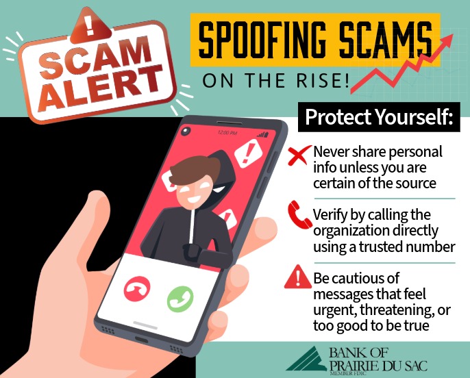 Illustration of hand holding a cell phone with person in black hooded sweatshirt. Scam Alert: - Protect Yourself points listed.