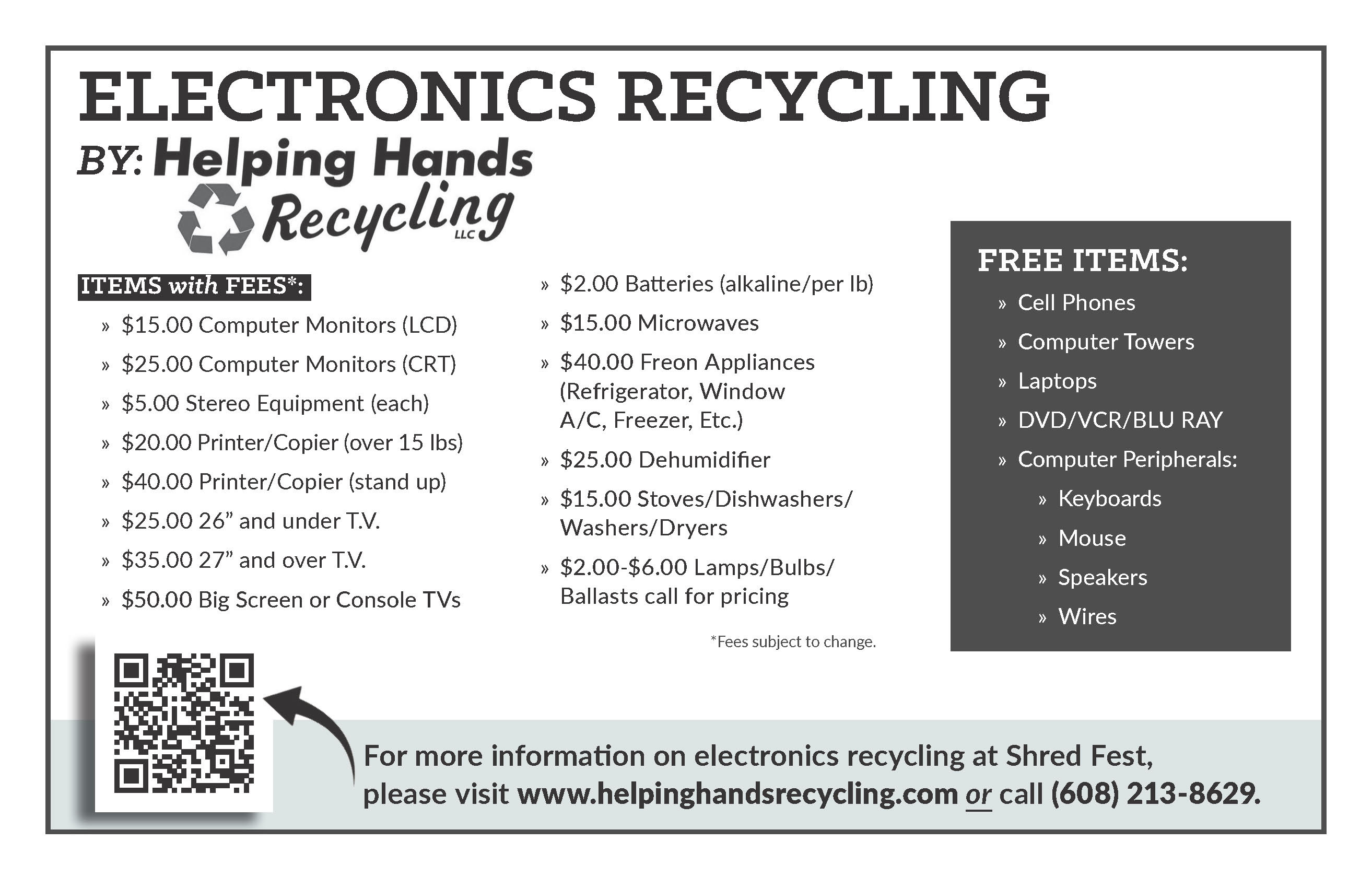 Shred Fest 2024 (Handout page 2 describing electronics collected, plus pricing).