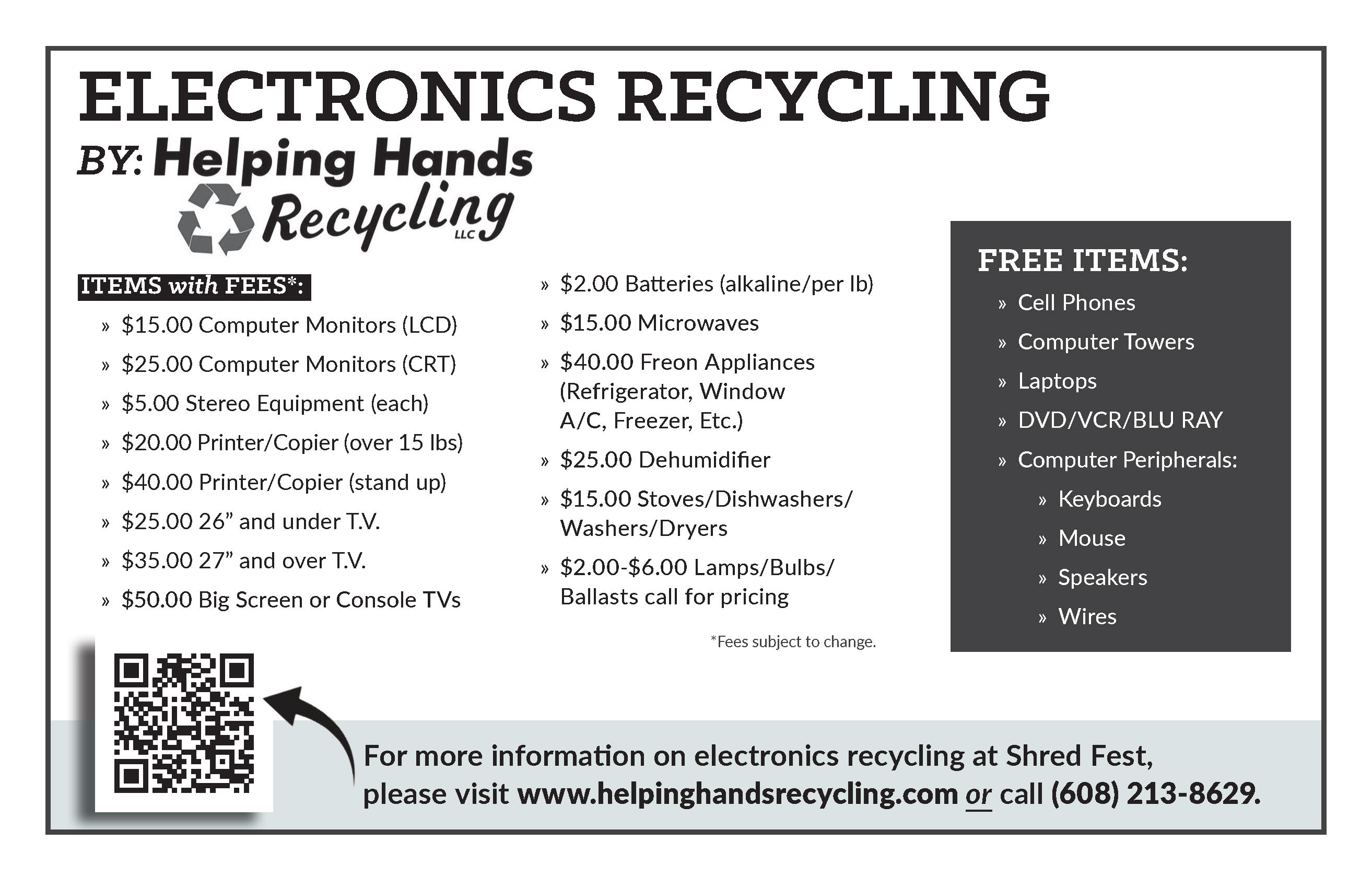 Shred Fest 2026 (Handout page 2 describing electronics collected, plus pricing).