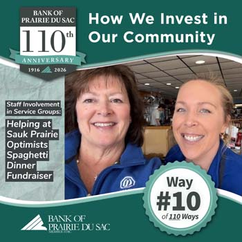 Bank of Prairie du Sac staff, Roxi & Heather, pause for a photo while helping at the Sauk Prairie Optimist Club's Spring Spaghetti Dinner Fundraiser.