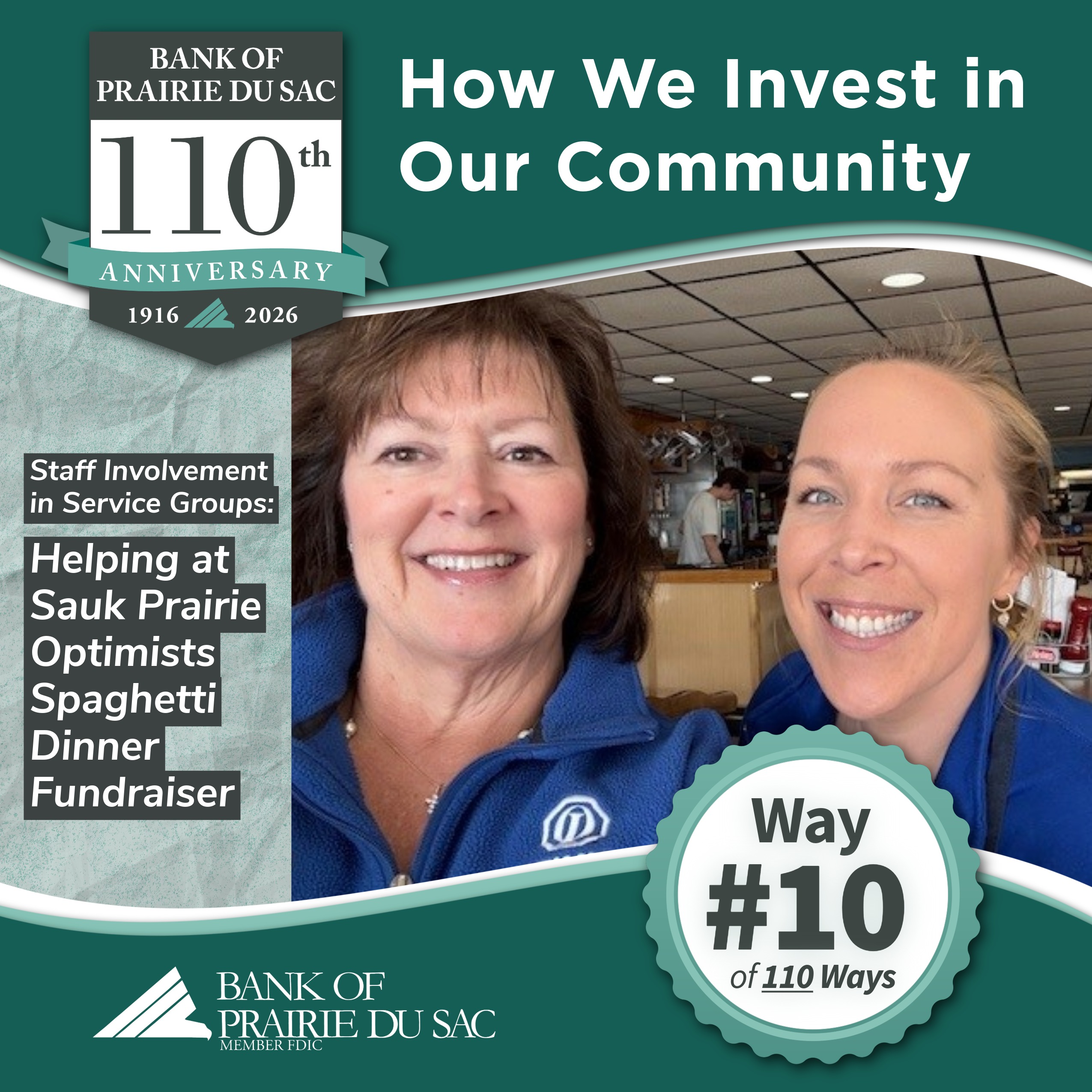 Bank of Prairie du Sac staff, Roxi & Heather, pause for a photo while helping at the Sauk Prairie Optimist Club's Spring Spaghetti Dinner Fundraiser.