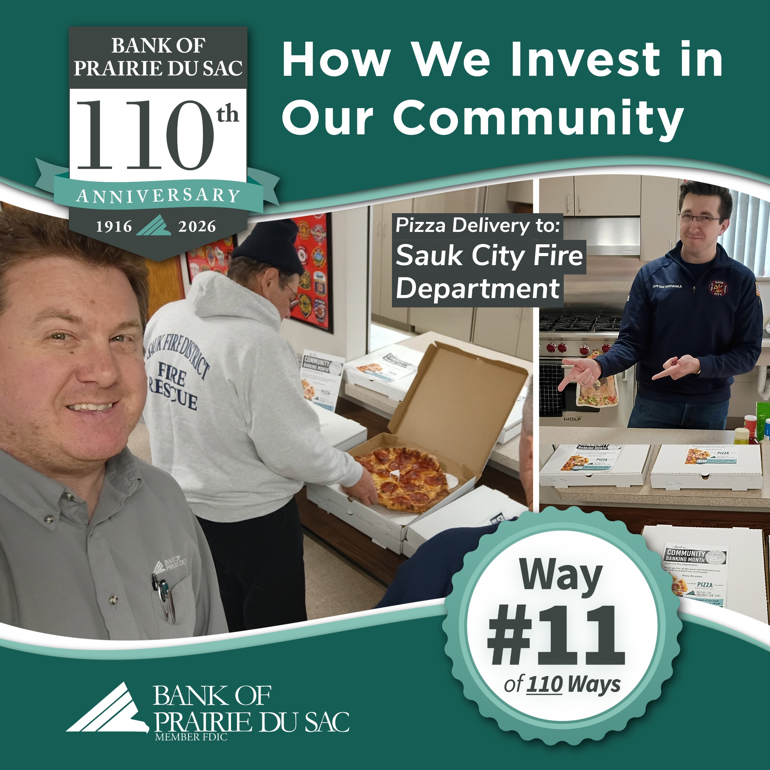 Ross posing for a selfie in front of pizza boxes delivered to the Sauk City Fire Department.