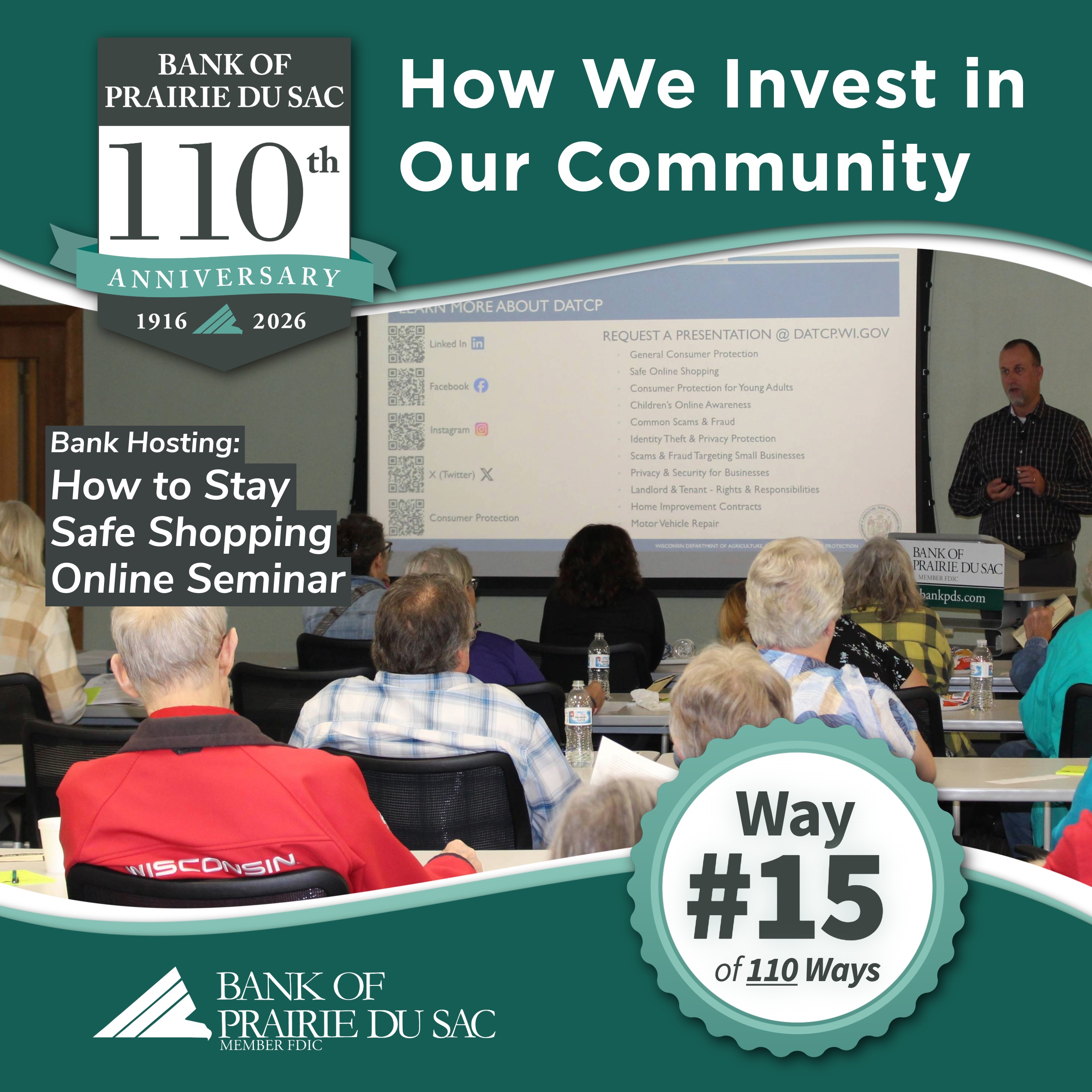 Jeff Kersten, DATCP, presenting "How to Stay Safe Shopping Online" during a lunch & learn seminar hosted at Bank of Prairie du Sac.