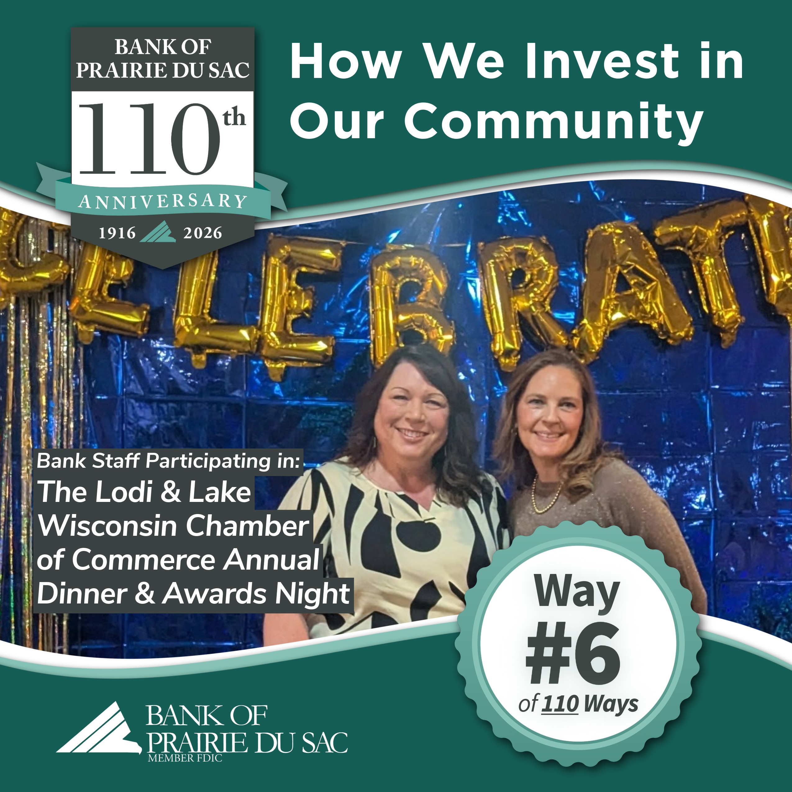 Bank of Prairie du Sac staff, Stacy and Richelle, pose for photo at the Lodi & Lake Wisconsin Chamber of Commerce Annual Dinner & Awards Night.