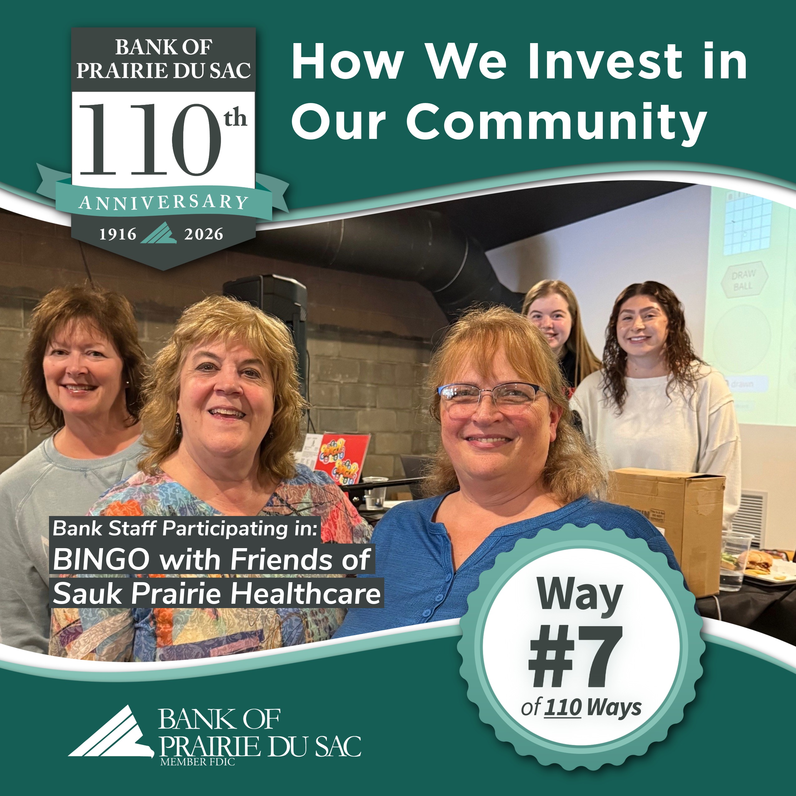 Bank of Prairie du Sac staff, Roxi, Phyllis, Barb, Marisa, and Talia participating in BINGO hosted by the Friends of Sauk Prairie Healthcare.