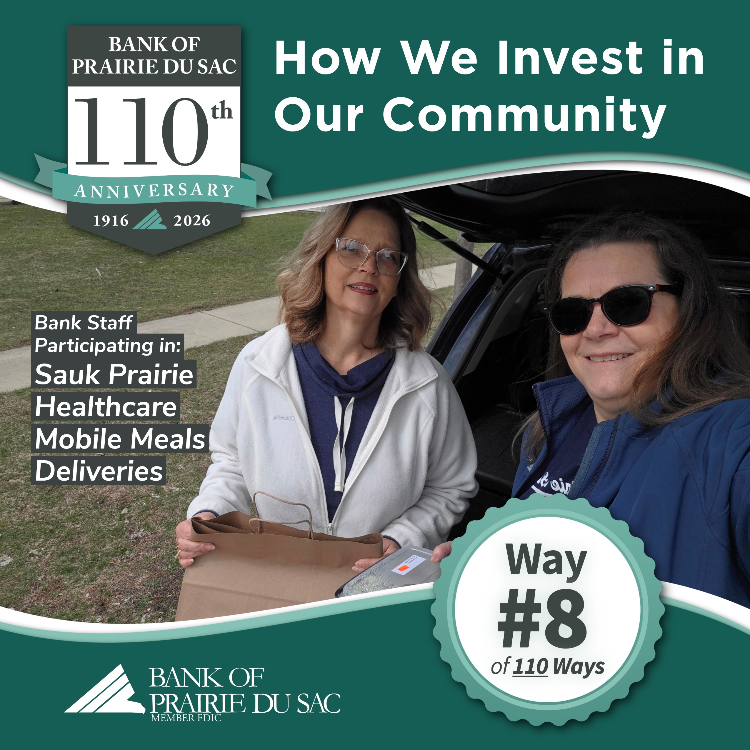 Bank of Prairie du Sac staff, Anna & Melissa, picking up and delivering Sauk Prairie Healthcare Mobile Meals.