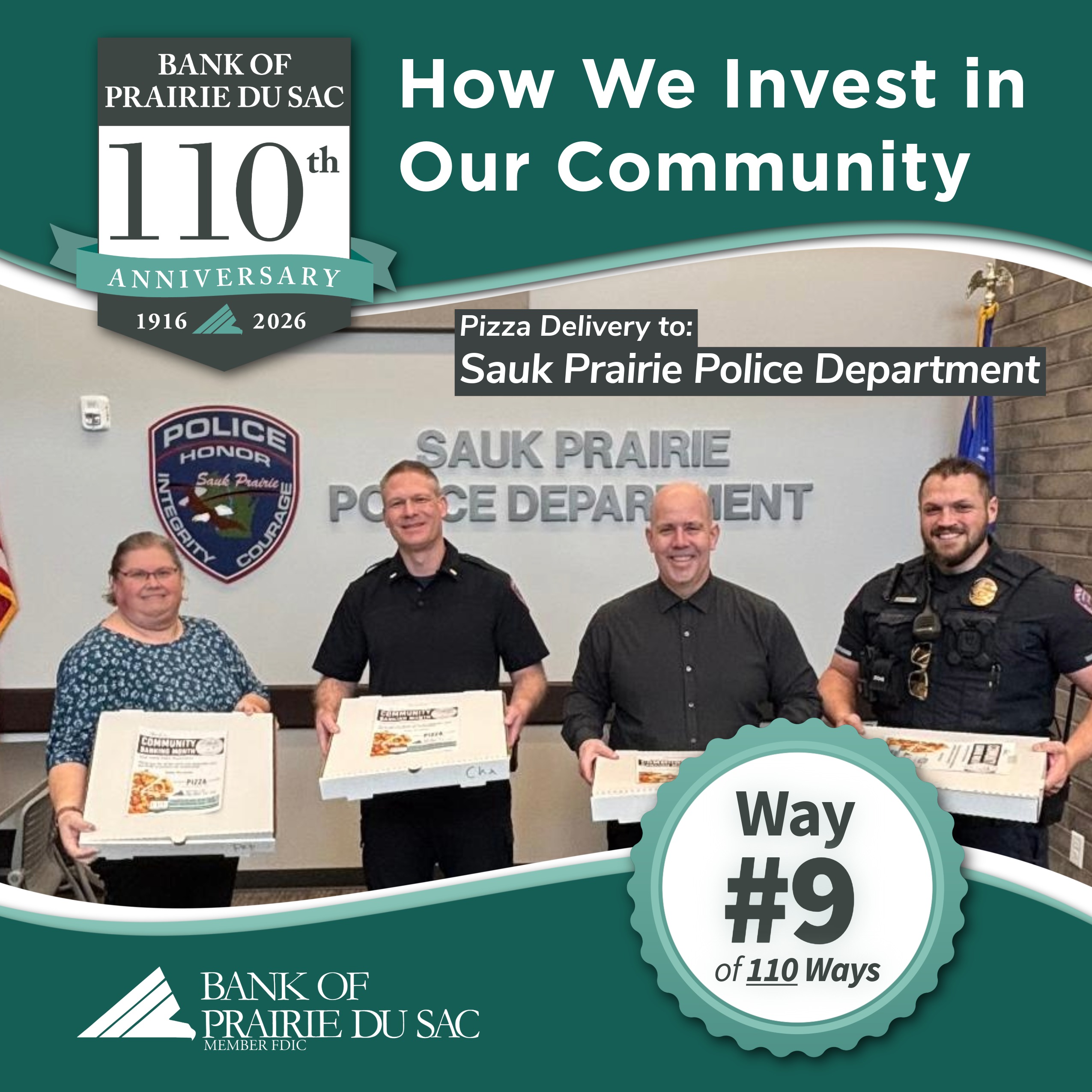 Bank of Prairie du Sas staff, Dawn & Tom, present Sauk Prairie Police Department with pizza for squad meeting meal.