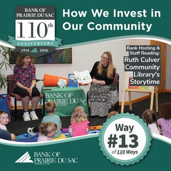 Stephanie reads from MoneyBunny book during Ruth Culver Community Library's Storytime hosted at Bank of Prairie du Sac.