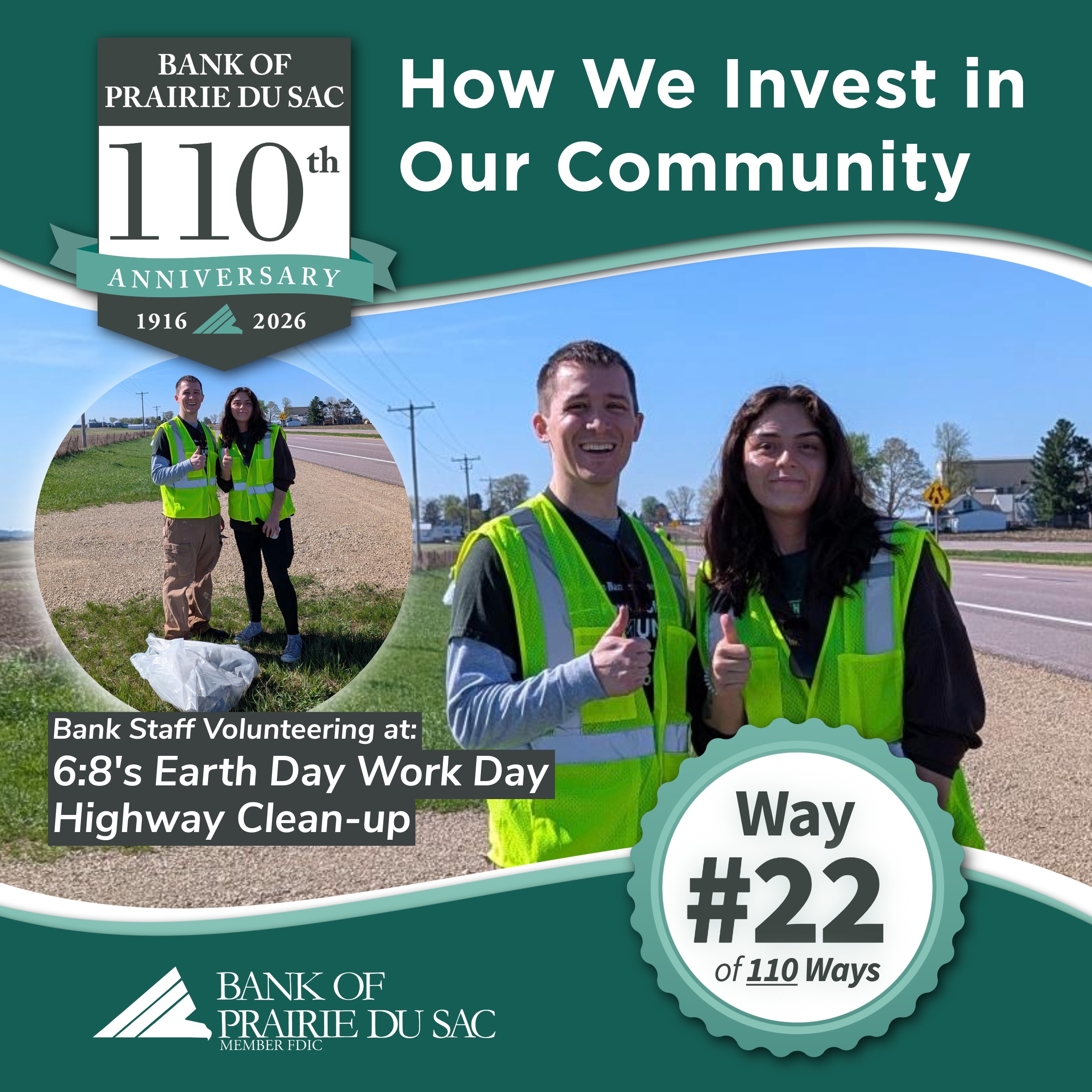 Way #22 - Bank Staff Volunteering at 6:8's Earth Day Work Day Highway Clean-up.