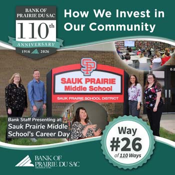 Way #26 - Bank of Prairie du Sac staff presenting at Sauk Prairie Middle School's Career Day. 