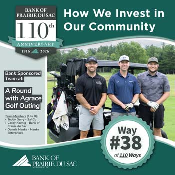 Way #38 - Bank's Golf Team - 3 men standing in front of golf cart.