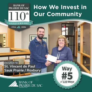 Phyllis Dresser presents donation to St. Vincent de Paul Sauk Prairie/Roxbury.