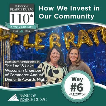 Bank of Prairie du Sac staff, Stacy and Richelle, pose for photo at the Lodi & Lake Wisconsin Chamber of Commerce Annual Dinner & Awards Night.